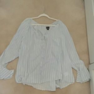 Blue and white striped long bell sleeve blouse